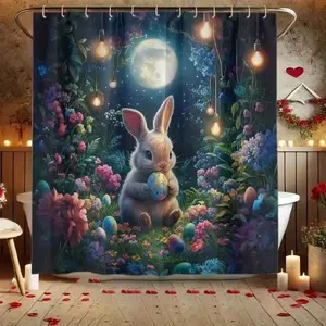 1/4pc Easter Bunny Egg Floral Print Shower Curtain Set, includes non-slip mat, U-shaped rug, and toilet seat cover. Perfect for bathroom decoration, partitioning, and beautifying the space. Comes with 12 shower curtain hooks.