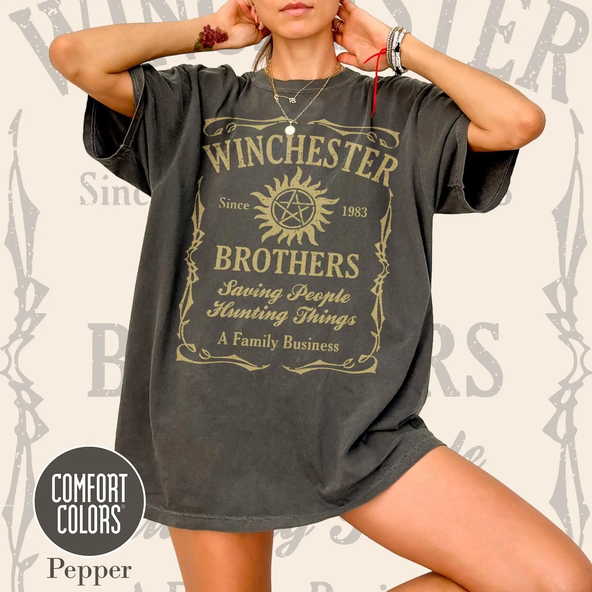 Winchester Brothers Comfort Colors T-Shirt, Supernatural Pentagram Fandom Tee Gift, Saving People Hunting Tee, Since 1983 Supernatural Fan Graphic Tee [Gildan Tshirt - Comfort Colors Tshirt]
