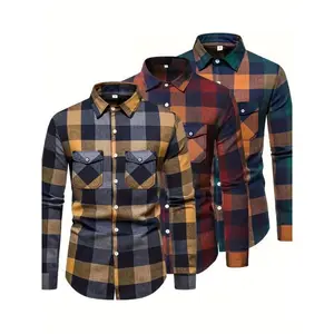 3pcs Men's Plaid Turn-down Collar Shirt, Outdoor Long Sleeve Casual Button Shirt