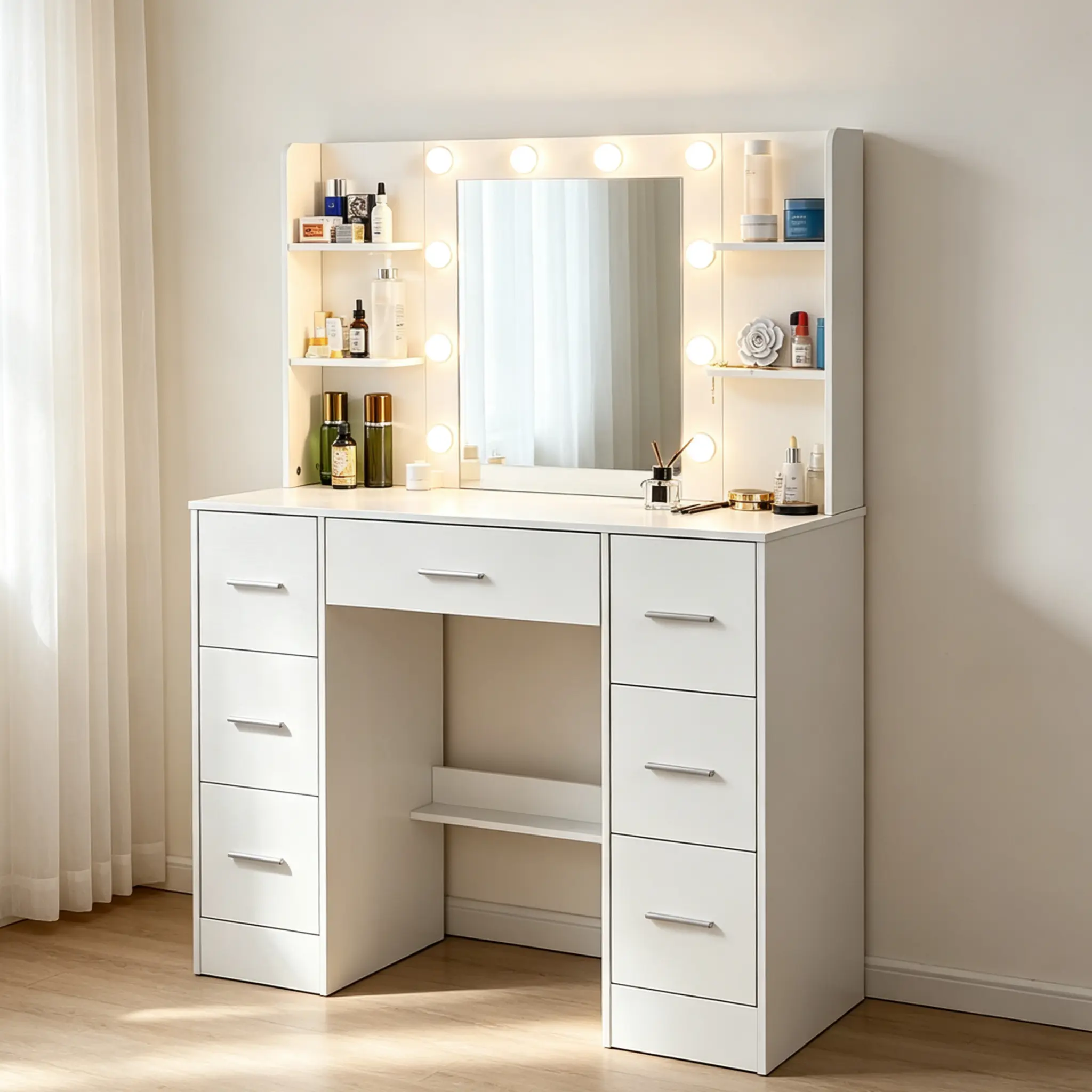 White Freestanding Makeup Vanity Desk - LED Mirror, 7 Drawers, 6 Storage Shelves, 3 Color Modes, Led Lighting, Makeup Organization, Illuminated Magnifying Vanity, Stable Dressing Room Decor Piece (No Stool), Sturdy, With Drawers