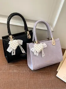 Women's Pearl Bowknot Mini Bag, Fashion Crossbody Small Bag, Woven Handle Detachable Strap Faux Leather Handbag, Elegant Daily Use, Fashionable Crossbody Bag, Elegant Stylish Purse