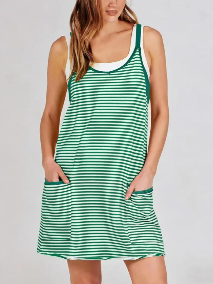 【Soft Mood】Women's Cotton Athletic Casual Dress, Summer Sleeveless V-Neck Striped Sports Dress with Built-In Shorts for Workout, Outdoor Vacation, Piece, Dress Casual