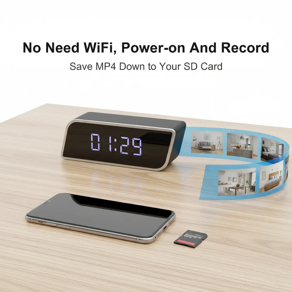 Alarm Clock2-in-1: Time Display & Real-Time Recording, 1080P FHD, Night Vision, 2600mAh Long Battery Life, WiFi & AP Hotspot, Local Recording to SD Card, USB Powered, Home Office Hotel Use, Smart Home Device