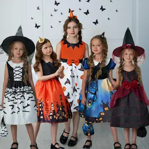 Black Kids Clothes Orange Halloween Dress with Bag Print 021 Children Cosplay Costume Fancy Carnival Pumpkin Witch Vampire Party Holiday Princess Frock 2-10Y