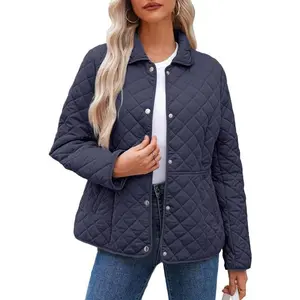 Women's Winter Quilted Jackets Long Sleeve Button Down Diamond Puffer Jacket Outerwear Coats with Pockets