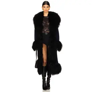 Susanna Chow Dorothy Suede Maxi Coat With Fur Trim in Navy Blue & Black