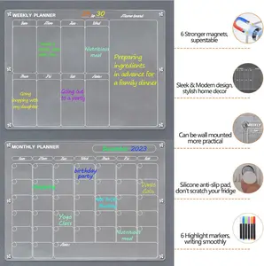 Nw2Lbs Christmas gift Magnetic Acrylic Calendar Set of 2 for Fridge Monthly & Weekly with 6 Color-Code Markers & Hanging Hole Design for Home Office or Classroom Use Wall Planner