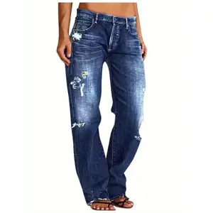 1 Pair Women's Low Rise Ripped Bootcut Wide Leg Stretch Denim Jeans - Vintage Distressed Water-Washed Casual Streetwear, Machine Washable, US Sizes XS-XXL