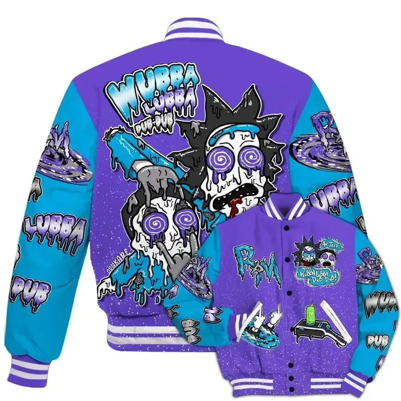 Retro Aqua 8s Match Varsity Jacket, Rickk and Mortyy Printed Baseball Jacket, Wubba Rick 90s Hip Hop Baseball Jacket, Men Women Sports Lightweight Jacket