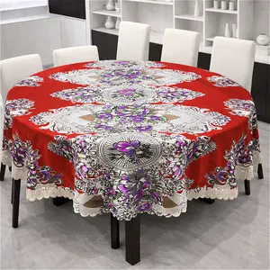 Red Vintage Floral Round Tablecloth Luxury European Baroque Style Table Cover Classic Royal Pattern Dining Table Decor Elegant Lace Edge for Holiday Dinner Party Wedding Home Use