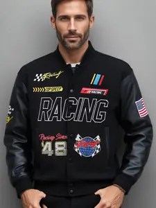 Black Embroidered Racing Jacket, Casual Loose-Fitting PU Long Sleeve Baseball Jacket, Men/women Sport Lightweight Coat for Fall & Winter