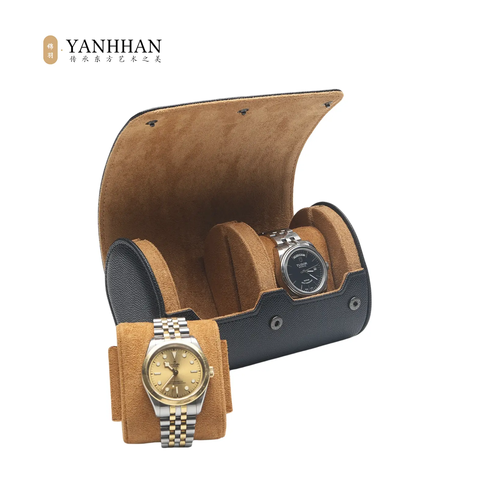 YANHHAN Watch Roll Travel Case for Men and Women- 2 Watch Storage and Organizer | Secure Storage with Innovative Removable Pillows & Solid Dividers for Home, Travel and Display (black/ brown)