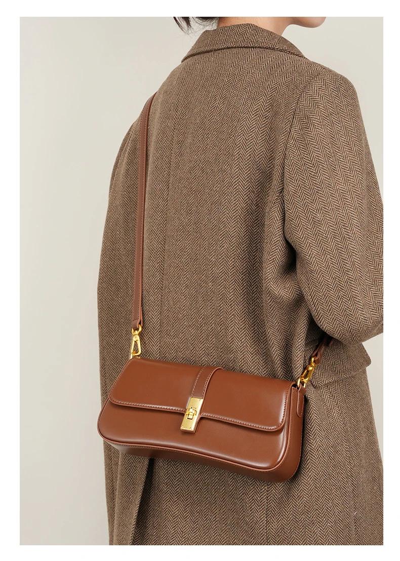 Minimalist Brown Leather Baguette Bag for Women Retro Underarm Shoulder Purse with Gold Lock