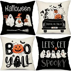4pcs, Halloween Throw Pillow Covers, Ghosts & Pumpkins Pattern, Machine Washable, Decorative Pillowcases for Various Room Types,, Single-sided Printing, Without Pillow Core