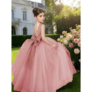 Big Girls' Elegant Backless Bow-and-Pearl Dress, Ideal for Parties, Weddings, Party