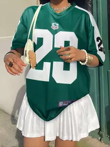 Women's Letter & Number Print V Neck Sports Tee, Casual Comfy Short Sleeve T-shirt for Summer, Women's Top for Daily Wear