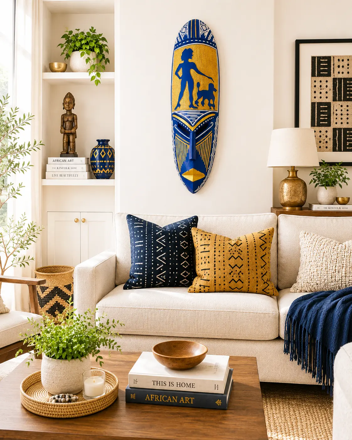 Adinkra Hand Carved African Mask-Blue and Gold