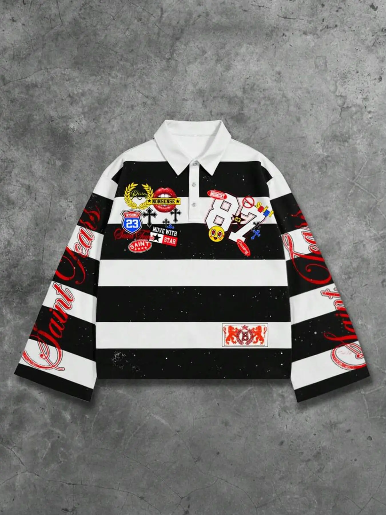 Y2K Punk Black and White Striped Baggy Loose Classic Polo Shirt with Red Digital Print and Flared Lettering - Saint Tears Long-Sleeved Casual Aesthetic Polo Shirt