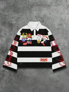 Y2K Punk Black and White Striped Polo Shirt with Red Digital Print and Flared Lettering - Saint Tears Long-Sleeved Polo Shirt