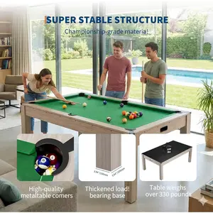 7FT 3 in 1 Pool, Dining, & Table Tennis Combo Table with Accessories (Balls, Cues, Ping Pong),Convertible Billiards and Table Tennis,HDF Wood Grain Finish & Chrome Accents