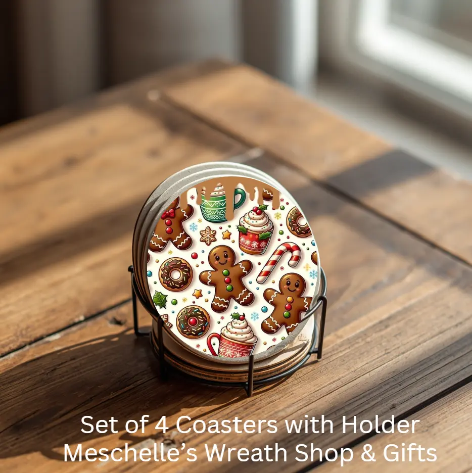 Christmas House Coasters Set of 4 Ceramic Coasters with Metal Holder