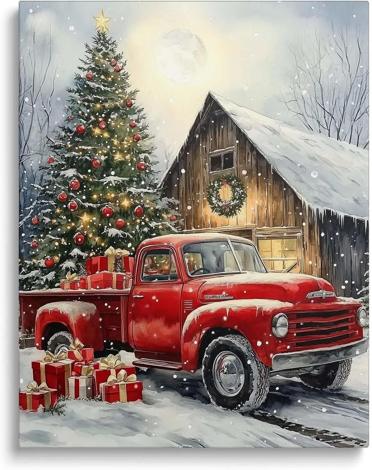 Vintage Christmas Canvas Wall Art, Festive Red Truck and Snowy Barn Scene Canvas Print, Charming Holiday Artwork, Cozy Country Christmas Decor, Retro Winter Aesthetic Holiday Gift, 16x20 Framed