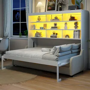 Queen Size Murphy Cabinet Bed with Folding Sofa,Built-in Storage Shelves and LED Light,Beige