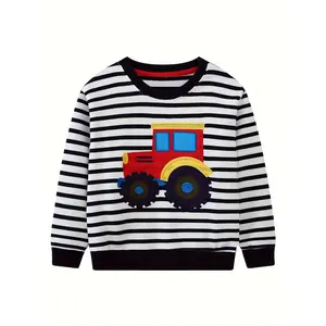 Soft Boys' Striped Cartoon Construction Truck Sweatshirt Long Sleeve Crew Neck Pullover 2-7 Years Old Autumn Casual Knit Top with Colorful Embroidery