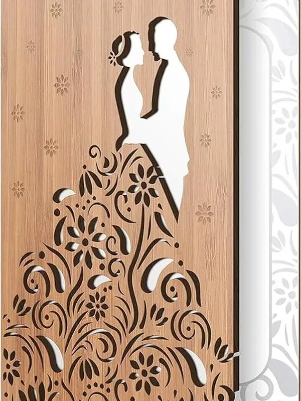 | Wedding Cards | Bamboo Handmade Valentines Day Card | Unique Wedding Card for Bride & Groom, Wedding Anniversary, Love, Congratulations | Memorable Wooden Keepsake | Floral Wedding Couple