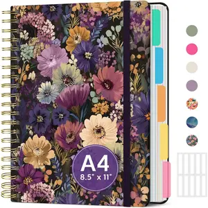 Large Spiral Lined Notebooks for Work with Removable Dividers & Tabs, 8.5"x11" Pretty Hardcover 5 Subject Notebook Journal for Women, College Ruled,  for Study & Office Organization, 280 Pages,Midnight Bloom