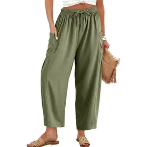 Womens Cotton Linen Pants Casual Loose Flowy Wide Leg Palazzo Harem Pants Drawstring Elastic Waist Lounge Trousers