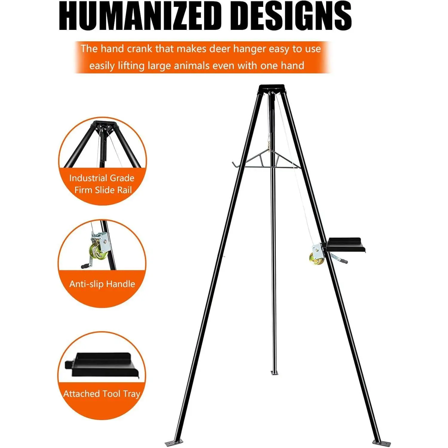 TECSPACE 600 lb Capacity Tripod Hanging Game Hanger - 3-Point Design Hunting Deer Rack with Heavy-Duty Hand Winch, Rail, 16.4 ft x 0.16 in Steel Cable, Adjustable Workbench