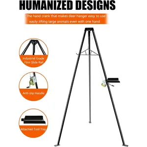 TECSPACE 600 lb Capacity Tripod Game Hanger Deer Rack, 3-Point Design Hunting Skinning Rack with Heavy-Duty Hand Winch, Rail, 16.4 ft x 0.16 in Steel Cable, Adjustable Workbench for Hunting
