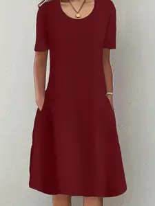 Women's Plain Casual Solid Color Short Sleeve Round Neck Minimalist Dress, Loose Fit Basic Casual Everyday Wear Midi Dress for All Seasons, New Arrival Fashion Clothing, Womenswear
