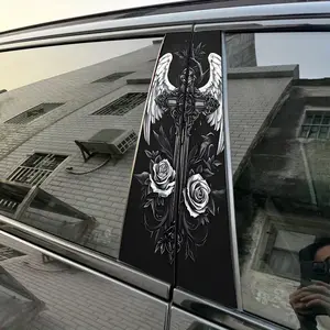 2pcs Black CrossWhite WingsWhite Roses Car Sticker Decal For Cars B-Pillar DIY Center Pillar Film Decorative Car Accessory