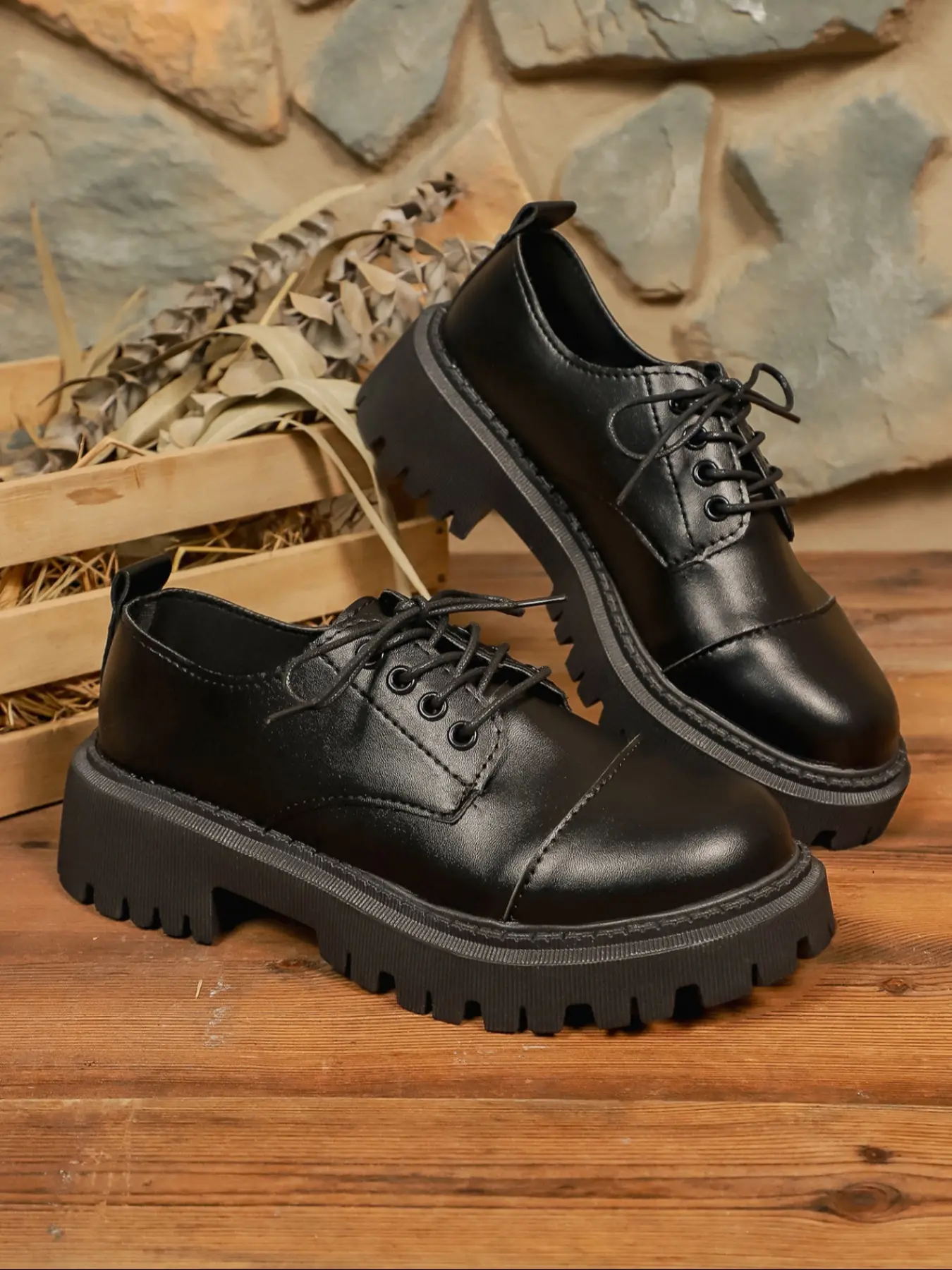 Patent Leather Chunky Platform Oxford Shoes, Lace-Up Design 