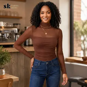 Slimming High-Neck Mesh Top | Mesh-Paneled Fitted Style | Women's Layering Top | Elegant & Stylish Lightweight Top for Spring/Summer