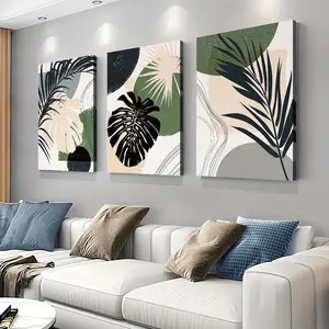 2Dflat 3pcs Bohemian Abstract Monstera Leaf Canvas Wall Art Set- Modern Art Deco Style, Ink Printed Botanical Theme, Waterproof, Wrapped Wood Frame, Perfect For Indoor/Outdoor Home& Office Decor, Tan, Green, And Black Gift Hanging Artistic Room
