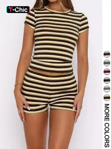 Women's Summer Olive Striped Casual Slim-Fit Two-Piece Set, Womenswear, Round Neck Short Sleeve Top & High Waist Mini Shorts