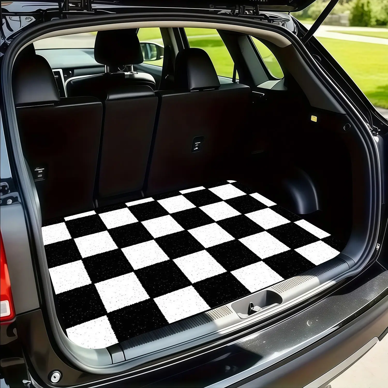 1 piece black and white plaid car trunk pad | Car Auto Accessory, polyester material, classic grid design, universal size, durable and easy to clean, fashionable decoration of the trunk, Checkered Car Accessories