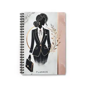 Planner Notebook -Femenine power planner. Elegant planner with pink and white marble design, featured a black silhouette of a businesswoman, Perfect for empowered, organized women reado to lead and succeed.