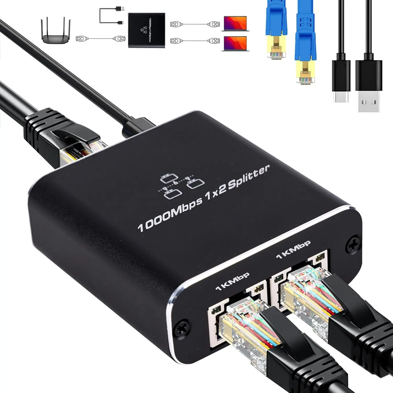 1000Mbps Network Splitter with LAN Cable Cat 6 - RJ45 Ethernet Splitter 1 to 2 High Speed Gigabit LAN Internet Splitter for Cat 5/5e/6/7/8, Supports Two Devices Working Simultaneously