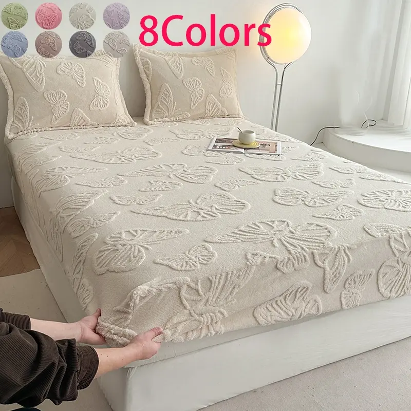 Butterfly Jacquard Bed Sheet Set, Non-Stretch, Soft Velvet Fabric, King Queen Size, Anti-Slip Deep Pockets, Home Essential, Decorative Bedsheet Sets, Soft Bedding Sheet, Bed Linens, Bedsheets Set