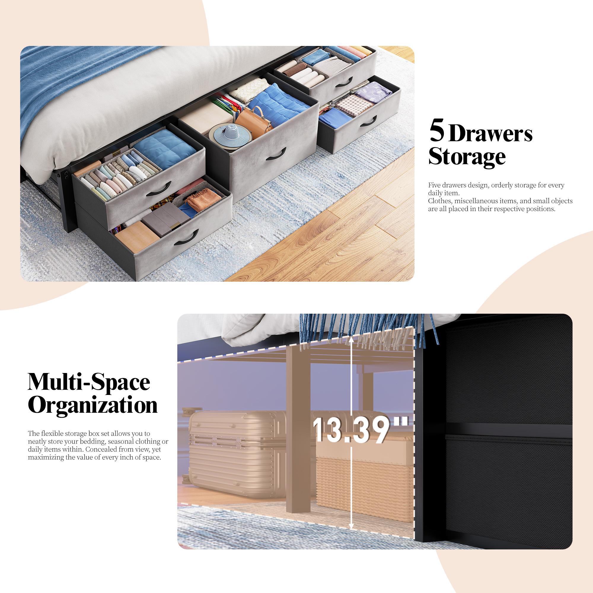 【Storage Bed】Modern King/Queen/Full Size Bed Frame with 5 Storage Fabric Drawers,Luxury Upholstered Platform LED Metal Bed Frame with Built-in Charging Station & Shelf on Headboard,13.39" Under Bed Space for Apartment,Dorms,Attic,Guestroom,838LBS Capacity