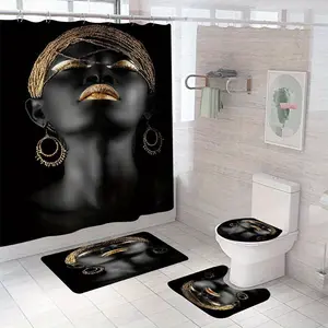 African Woman Pattern Bathroom Decor Set, 4 Counts/set Including 1 Shower Curtain & 1 Toilet Lid Cover & 1 Rectangular Mat & 1 U-shaped Mat, Bathroom Accessories