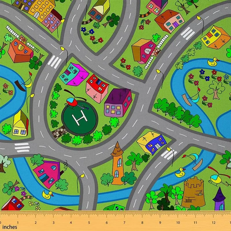 Play Mat Fabric by The Yard,Hand-Drawn Style Suburb Road Upholstery Fabric,Car Race Track Cartoon Roadway Fabric for Home DIY Projects, Waterproof Material