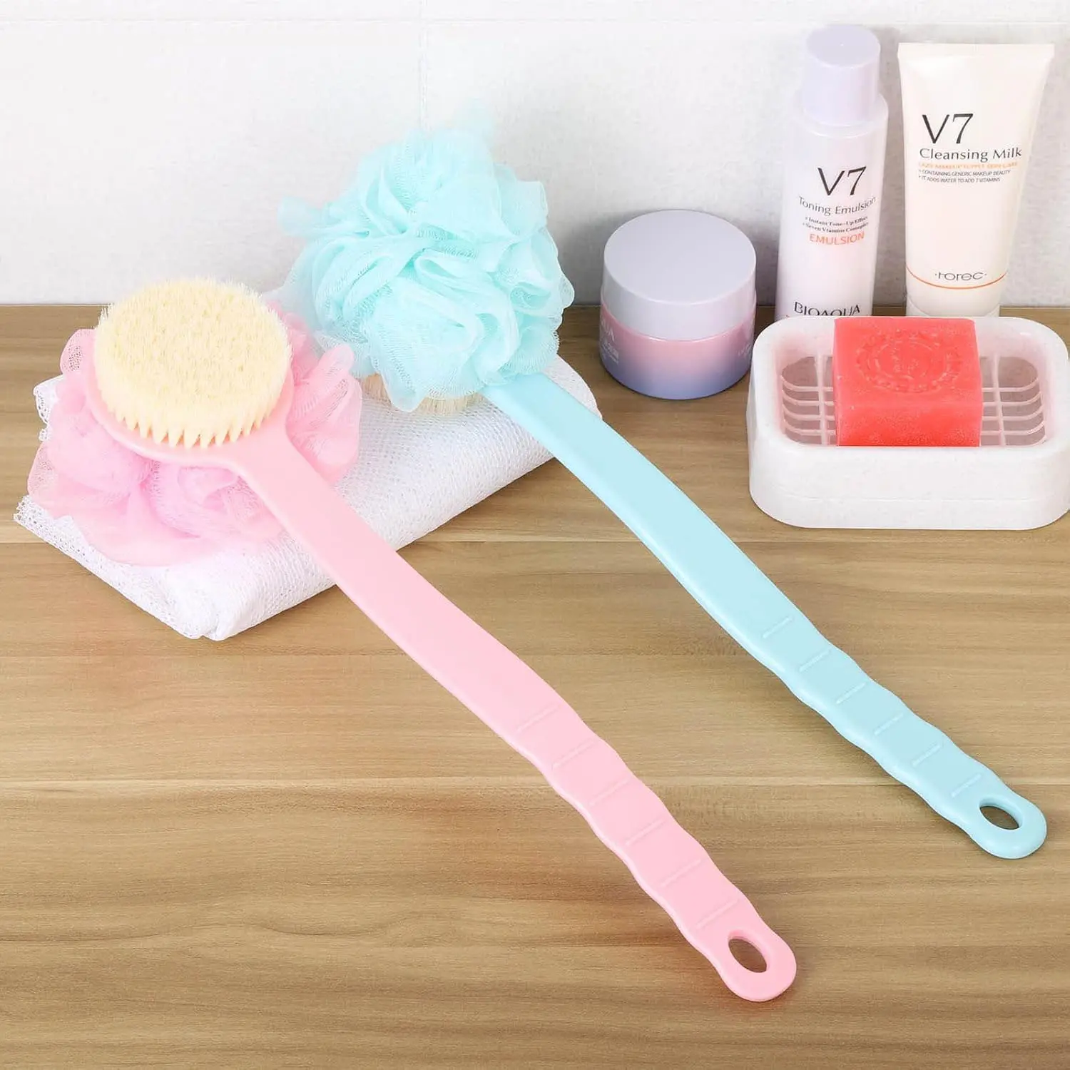 Shower Body Brush with Long Handle Loofah Scrubber, Soft Mesh Sponge for Womens Daily Bath, Exfoliating & Skin Massage