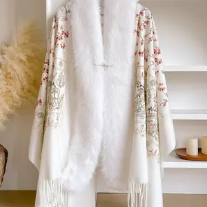 Women's Embroidered Ethnic Style, Elegant Woven Fabric Accessory for Fall & Winter, Casual Daily Wear, Thick Material, Floral Embroidered Scarf