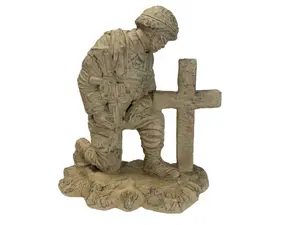 Solid Rock Stoneworks Kneeling Soldier at Cross Garden Statue- 22" Tall