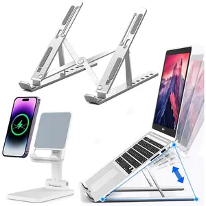 Portable Aluminum Laptop & Phone Stand, Adjustable, Foldable, Ergonomic, for MacBook, iPad, Tablets & Smartphones, Office Desk Accessories